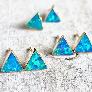 Blue Opal Stud Earrings with Gold-Tone Hardware